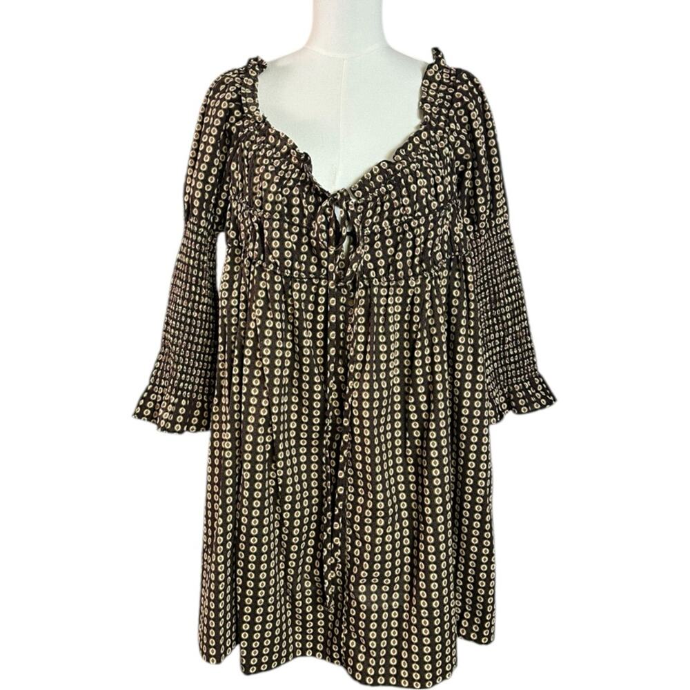 Free People Retro 70s Babydoll Star Dip Mini Dress in Black Combo Size Large - Picture 9 of 16
